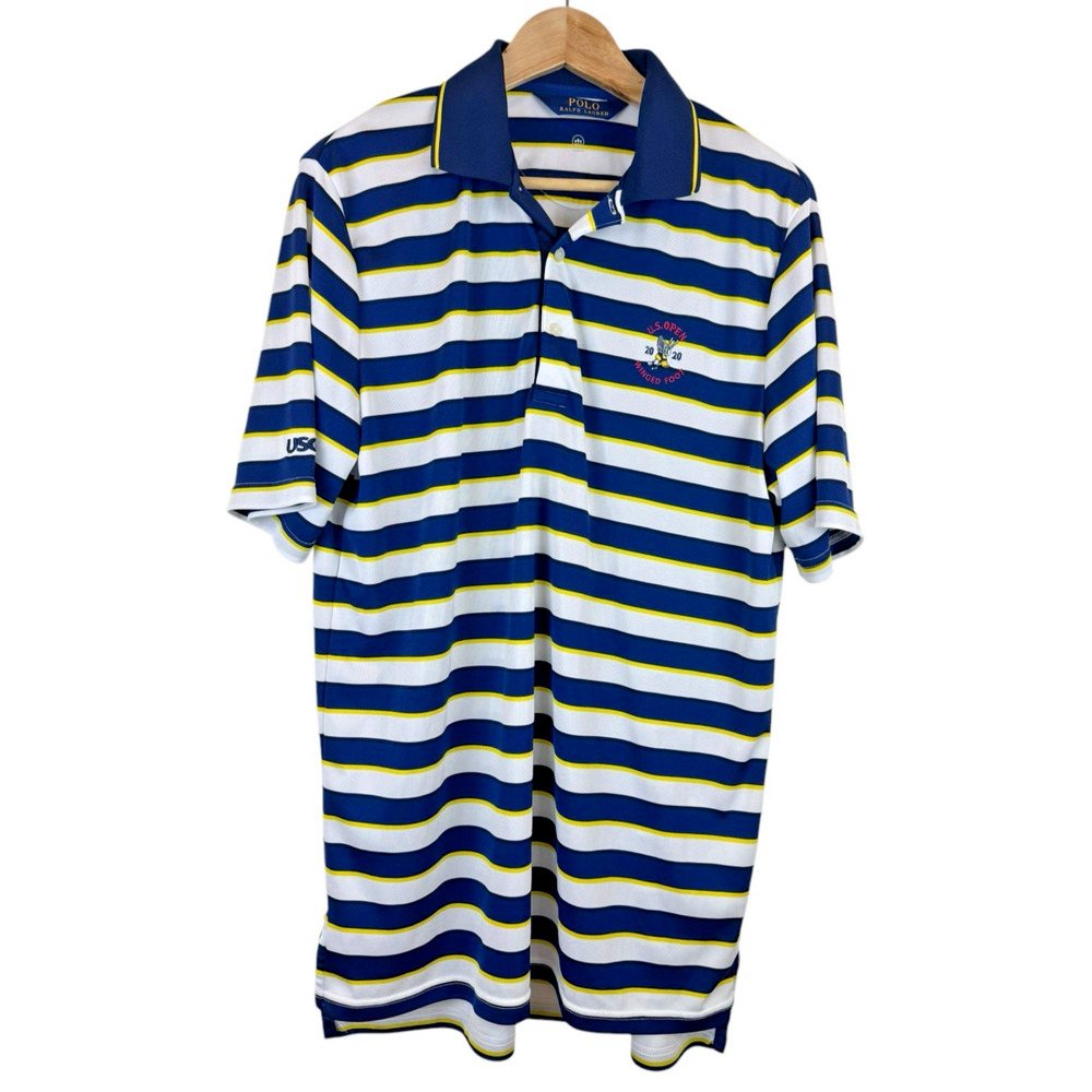 Polo Ralph Lauren Golf Shirt Mens L Blue White 2020 US Open Winged Foot Stretch